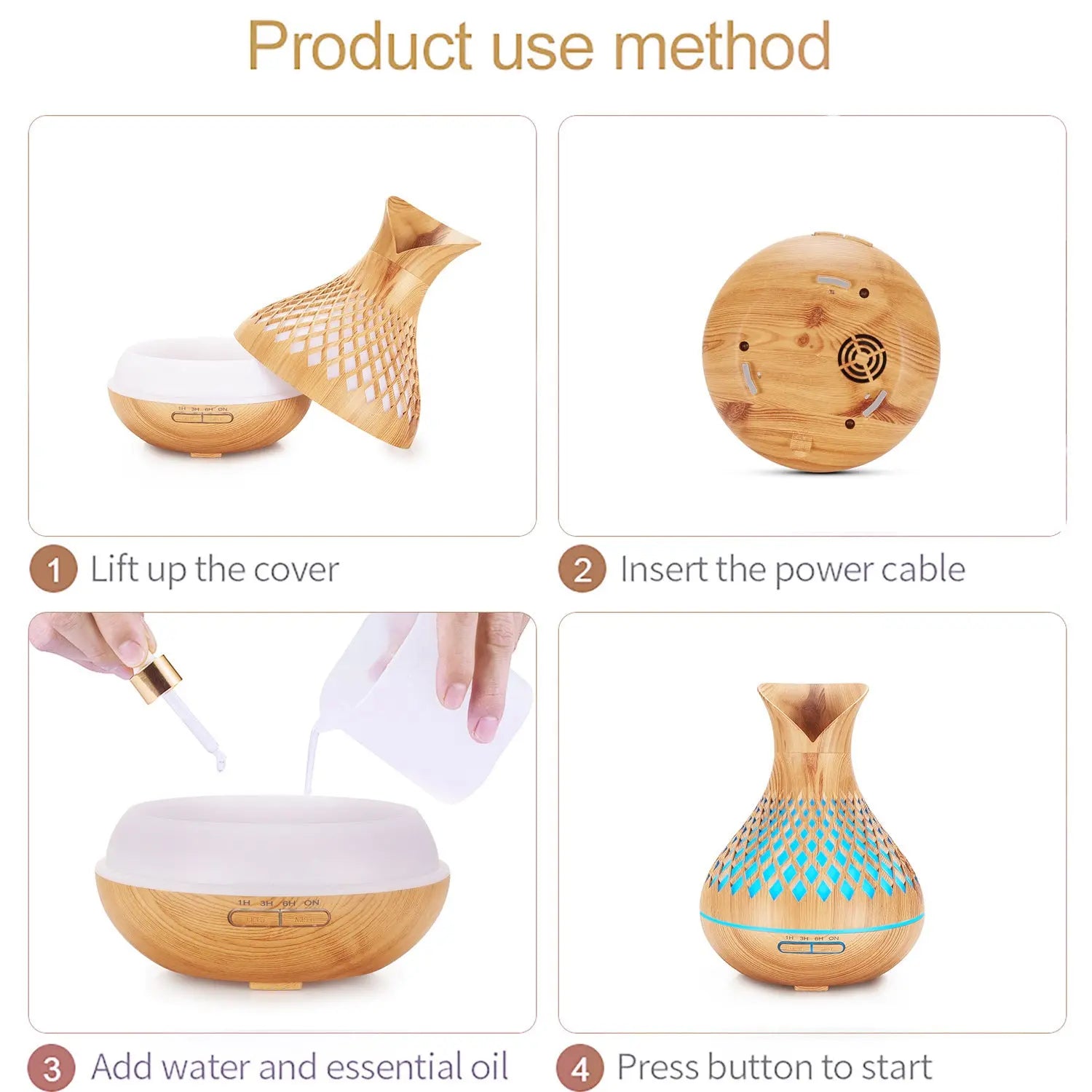 Wood Grain 500ml Wood-Grain Essential Oil Aroma Diffuser with Lattice Design and Humidifier Wholesale Hub