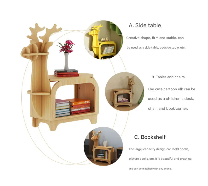 White Small Creative Reindeer-Shaped Solid Wood Bookshelf for Kids Wholesale Hub