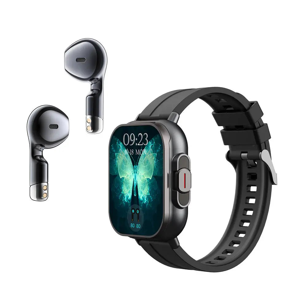 Black 2-in-1 Bluetooth Smartwatch with Integrated Earbuds for Sports Wholesale Hub