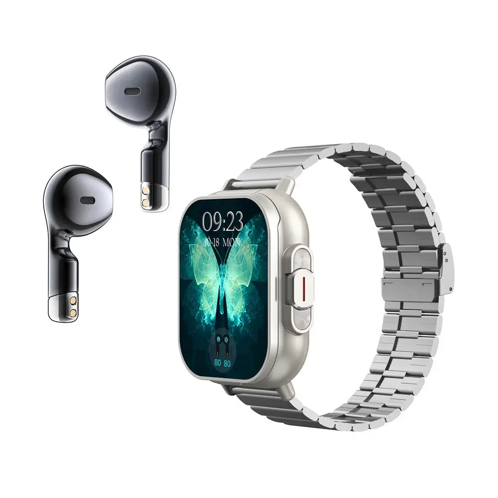 Silver Steel 2-in-1 Bluetooth Smartwatch with Integrated Earbuds for Sports Wholesale Hub