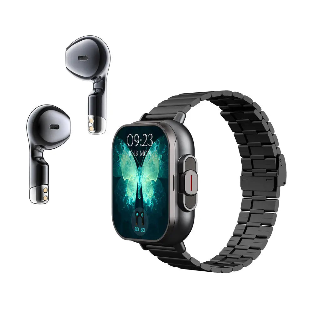 Black Steel 2-in-1 Bluetooth Smartwatch with Integrated Earbuds for Sports Wholesale Hub