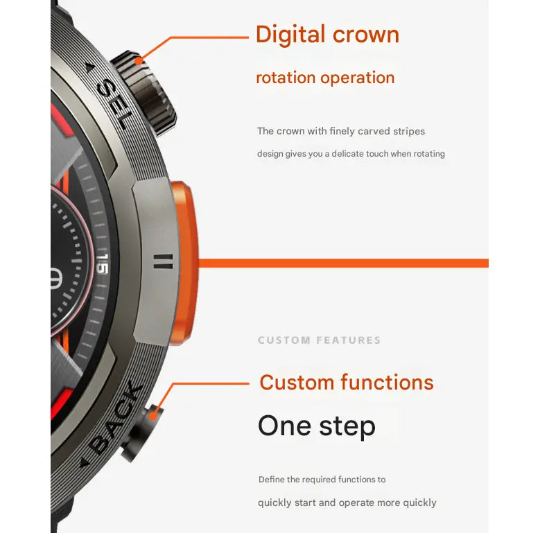 Black-orange Outdoor Smartwatch with 1.45-Inch HD Round Screen and Flashlight Wholesale Hub