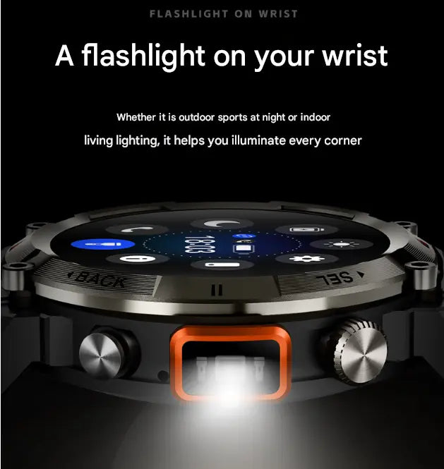 Black-orange Outdoor Smartwatch with 1.45-Inch HD Round Screen and Flashlight Wholesale Hub