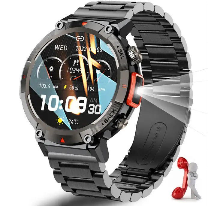 Black-red Steel Belts Outdoor Smartwatch with 1.45-Inch HD Round Screen and Flashlight Wholesale Hub