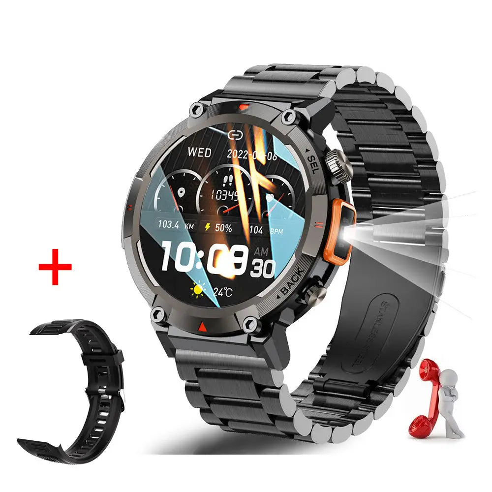 Black-orange Steel Belts Outdoor Smartwatch with 1.45-Inch HD Round Screen and Flashlight Wholesale Hub