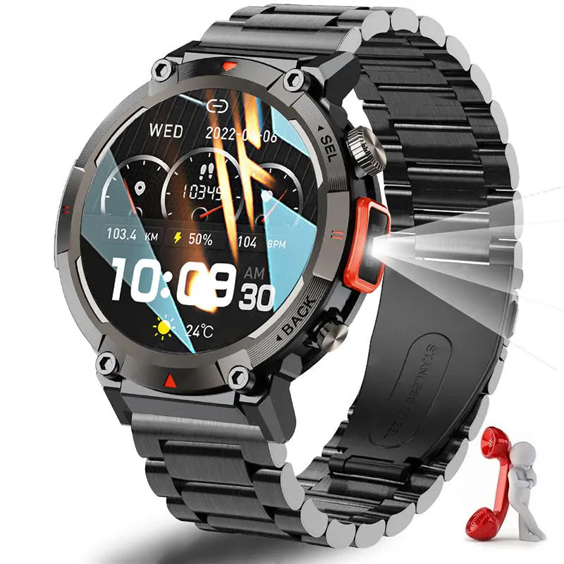 Black-orange Steel Belts Outdoor Smartwatch with 1.45-Inch HD Round Screen and Flashlight Wholesale Hub