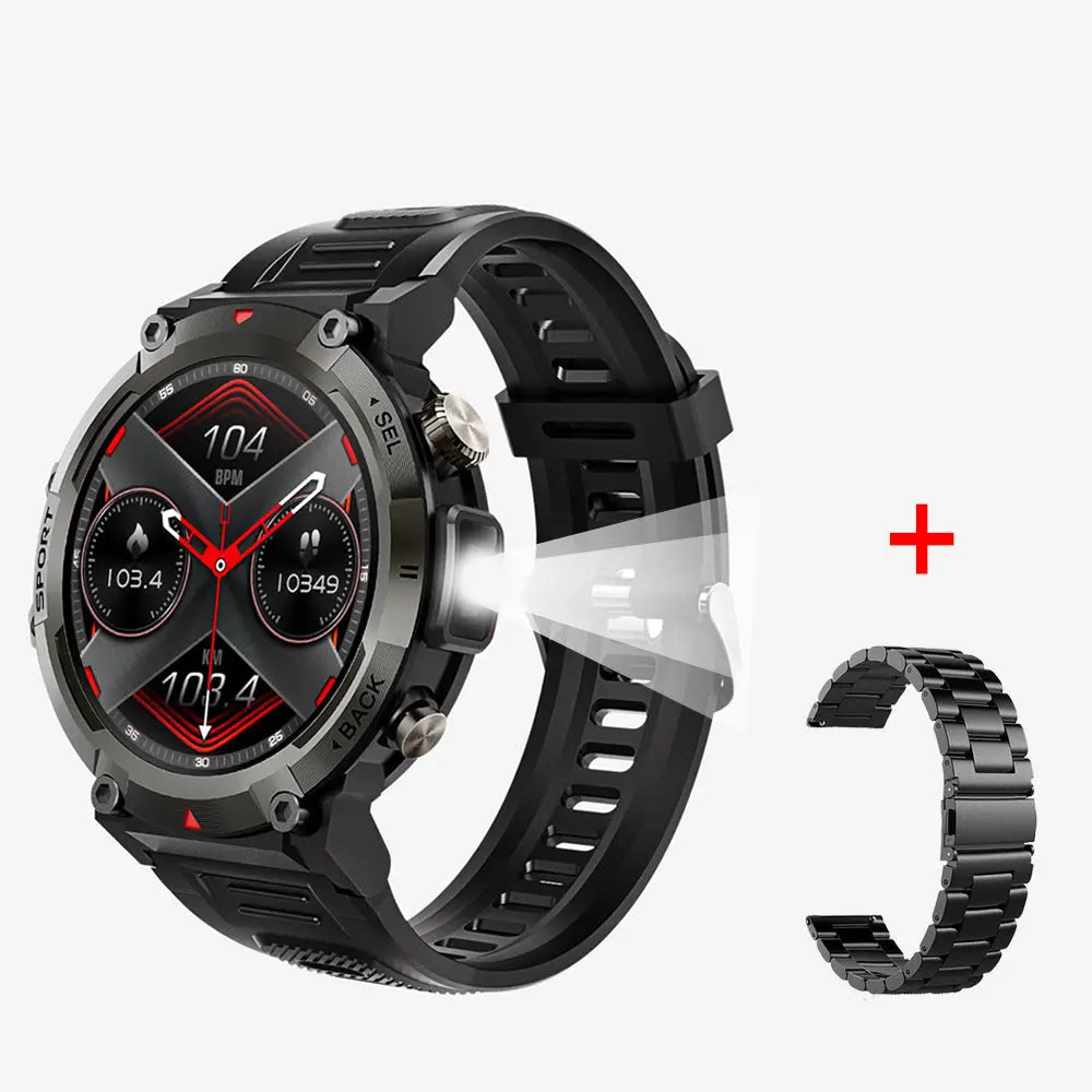 Black Steel Belts Outdoor Smartwatch with 1.45-Inch HD Round Screen and Flashlight Wholesale Hub