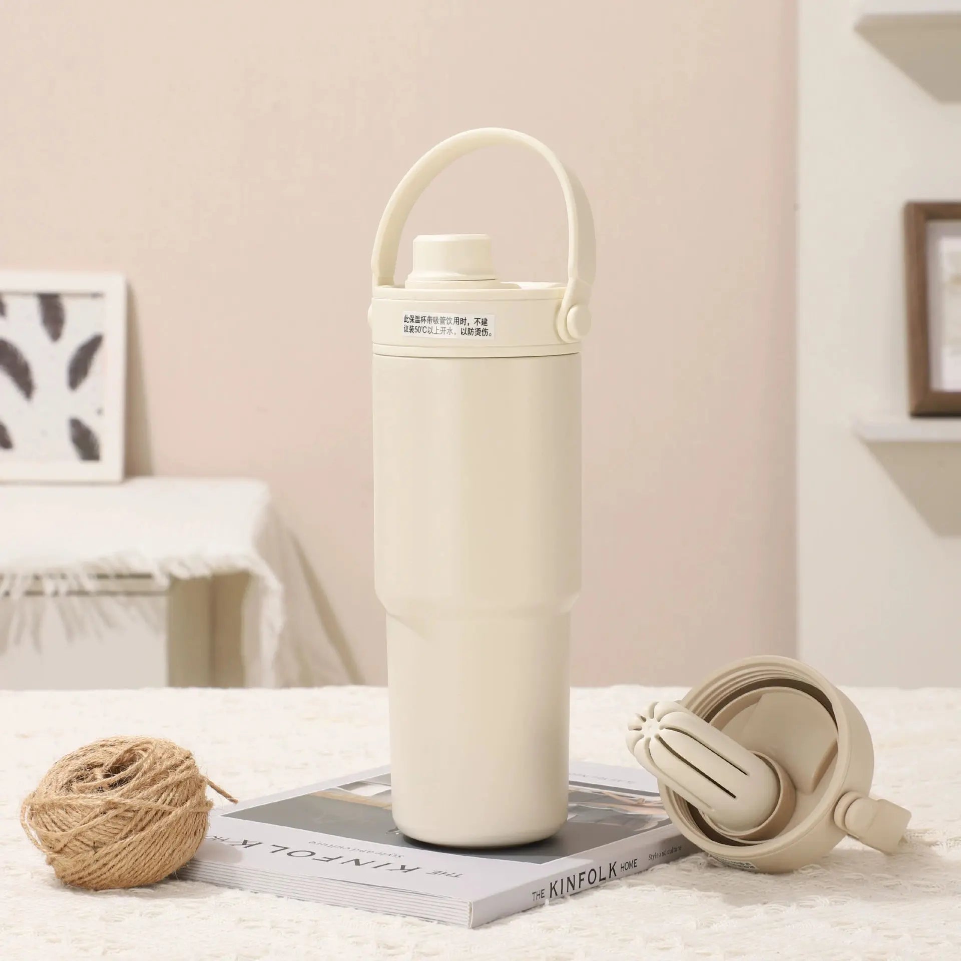White 30oz Ceramic-Lined Insulated Tumbler with Handle, 735ml Stainless Steel Travel Mug Wholesale Hub