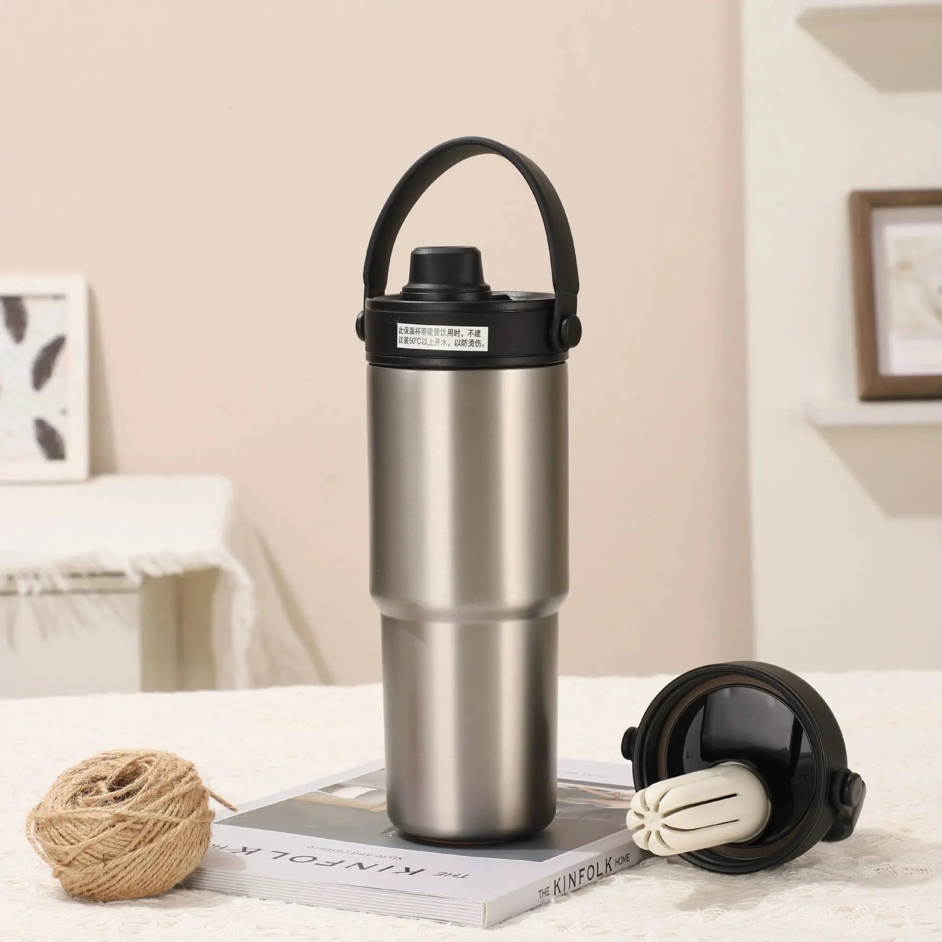 Silver 30oz Ceramic-Lined Insulated Tumbler with Handle, 735ml Stainless Steel Travel Mug Wholesale Hub