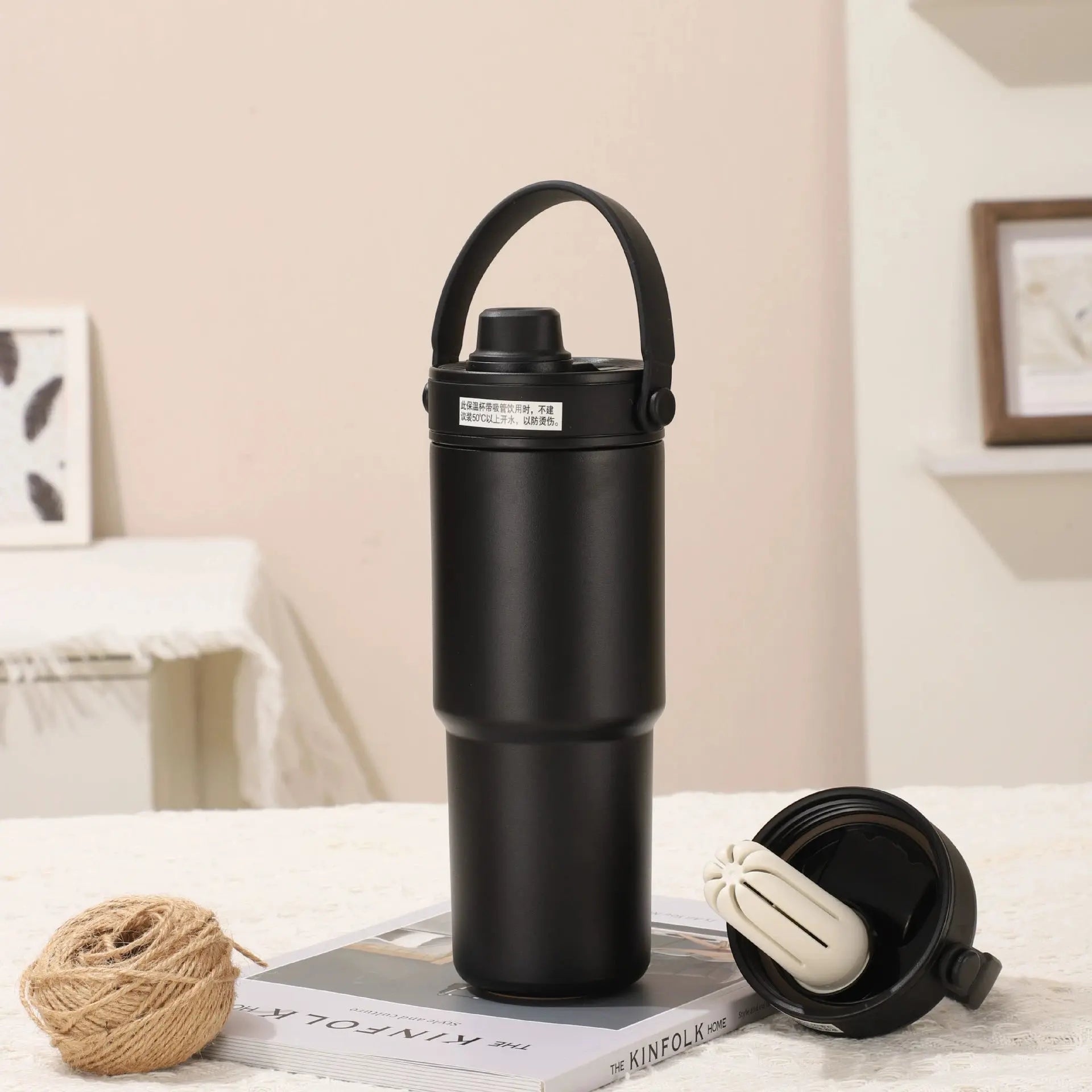 Black 30oz Ceramic-Lined Insulated Tumbler with Handle, 735ml Stainless Steel Travel Mug Wholesale Hub