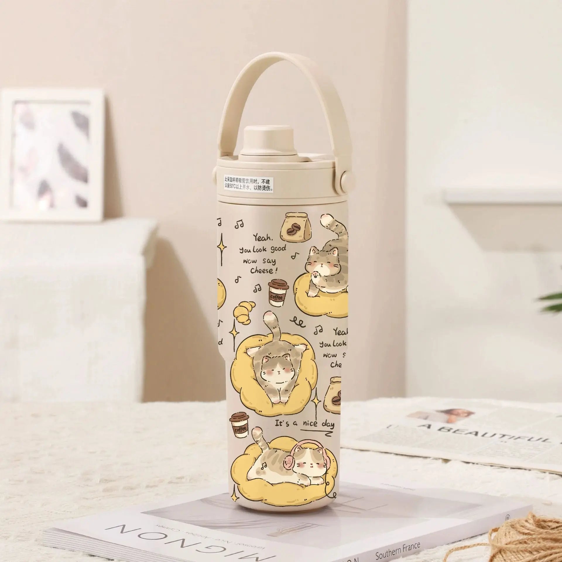 Light Cream Coffee-Lazy Kitten 30oz Ceramic-Lined Insulated Tumbler with Handle, 735ml Stainless Steel Travel Mug Wholesale Hub