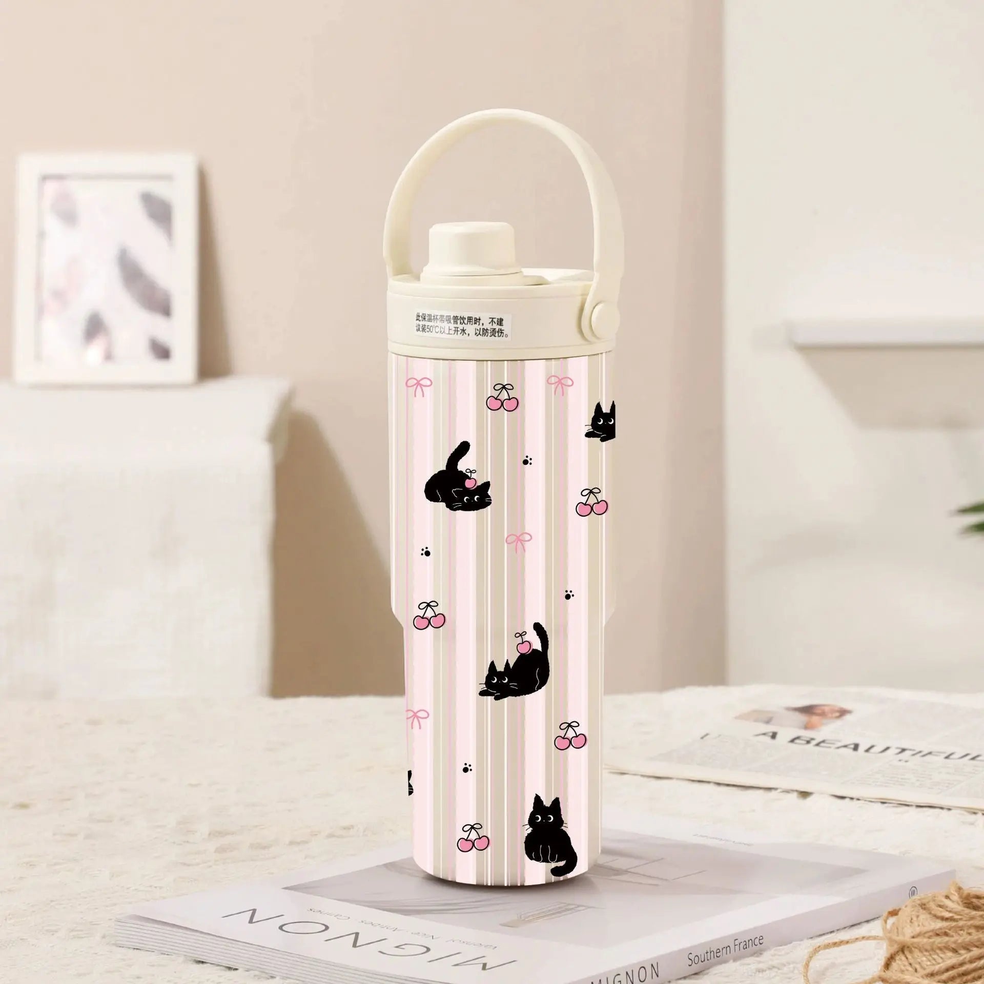 White-Line Black Cat 30oz Ceramic-Lined Insulated Tumbler with Handle, 735ml Stainless Steel Travel Mug Wholesale Hub