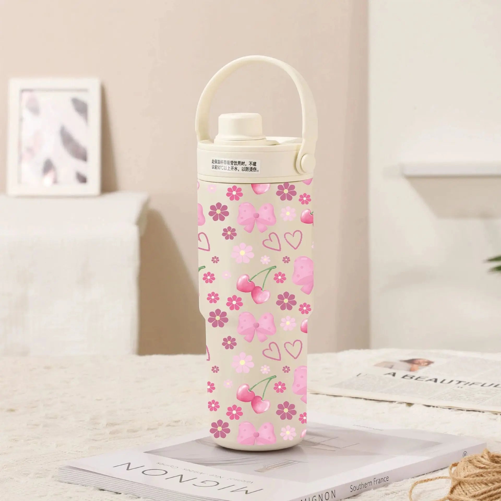 White-Line Cherry Bow 30oz Ceramic-Lined Insulated Tumbler with Handle, 735ml Stainless Steel Travel Mug Wholesale Hub