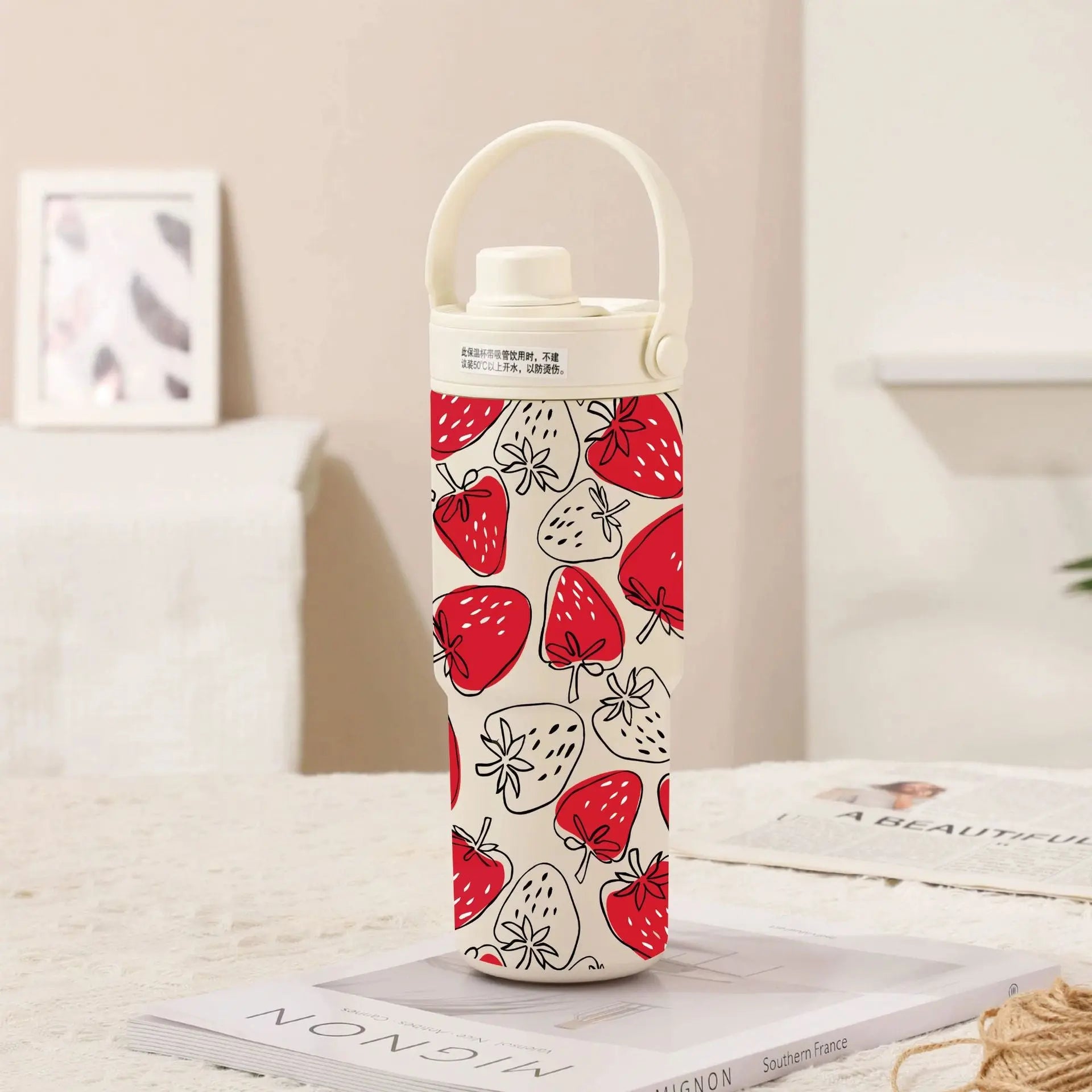 White-Line Red Strawberry 30oz Ceramic-Lined Insulated Tumbler with Handle, 735ml Stainless Steel Travel Mug Wholesale Hub