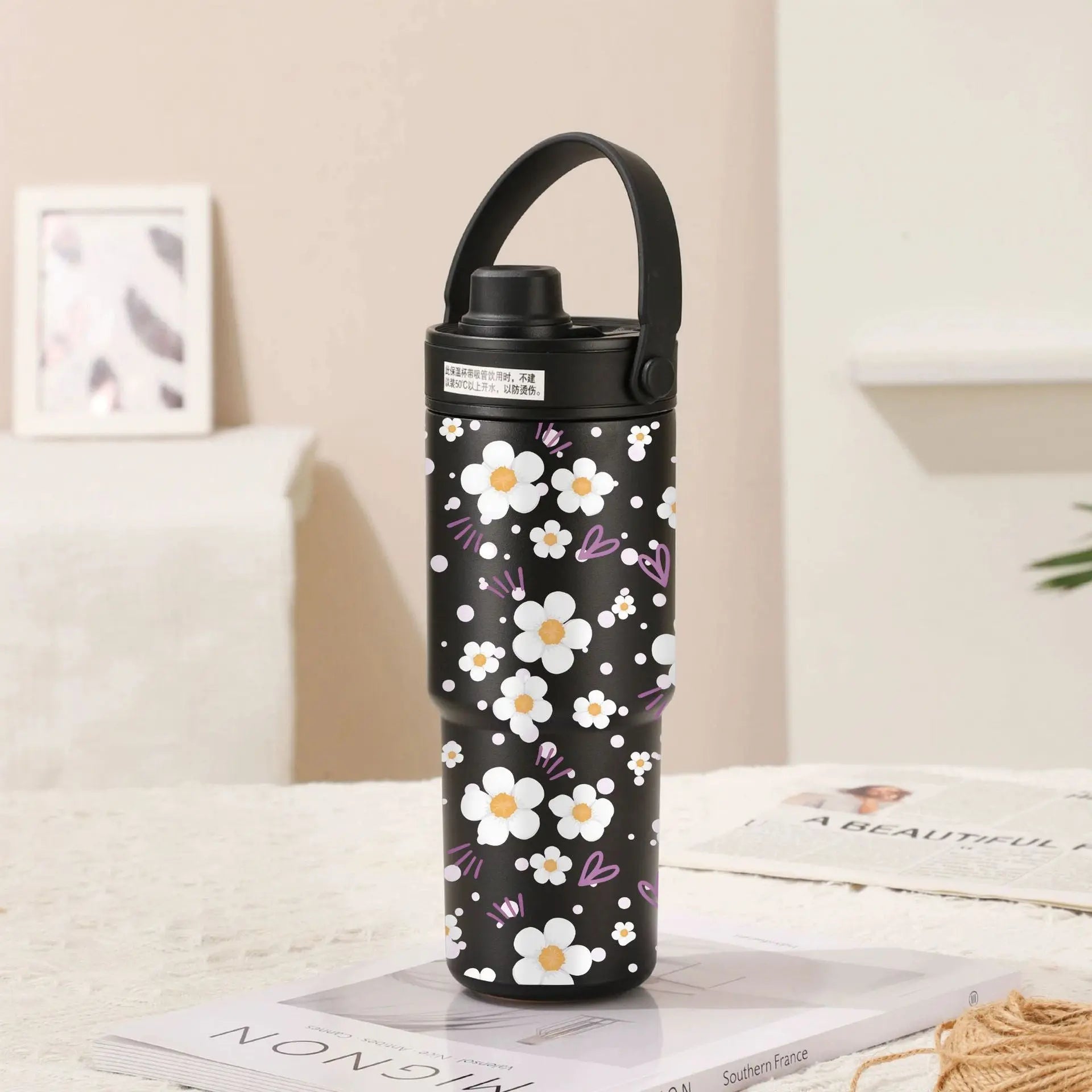 Twilight Black-White Flowers 30oz Ceramic-Lined Insulated Tumbler with Handle, 735ml Stainless Steel Travel Mug Wholesale Hub