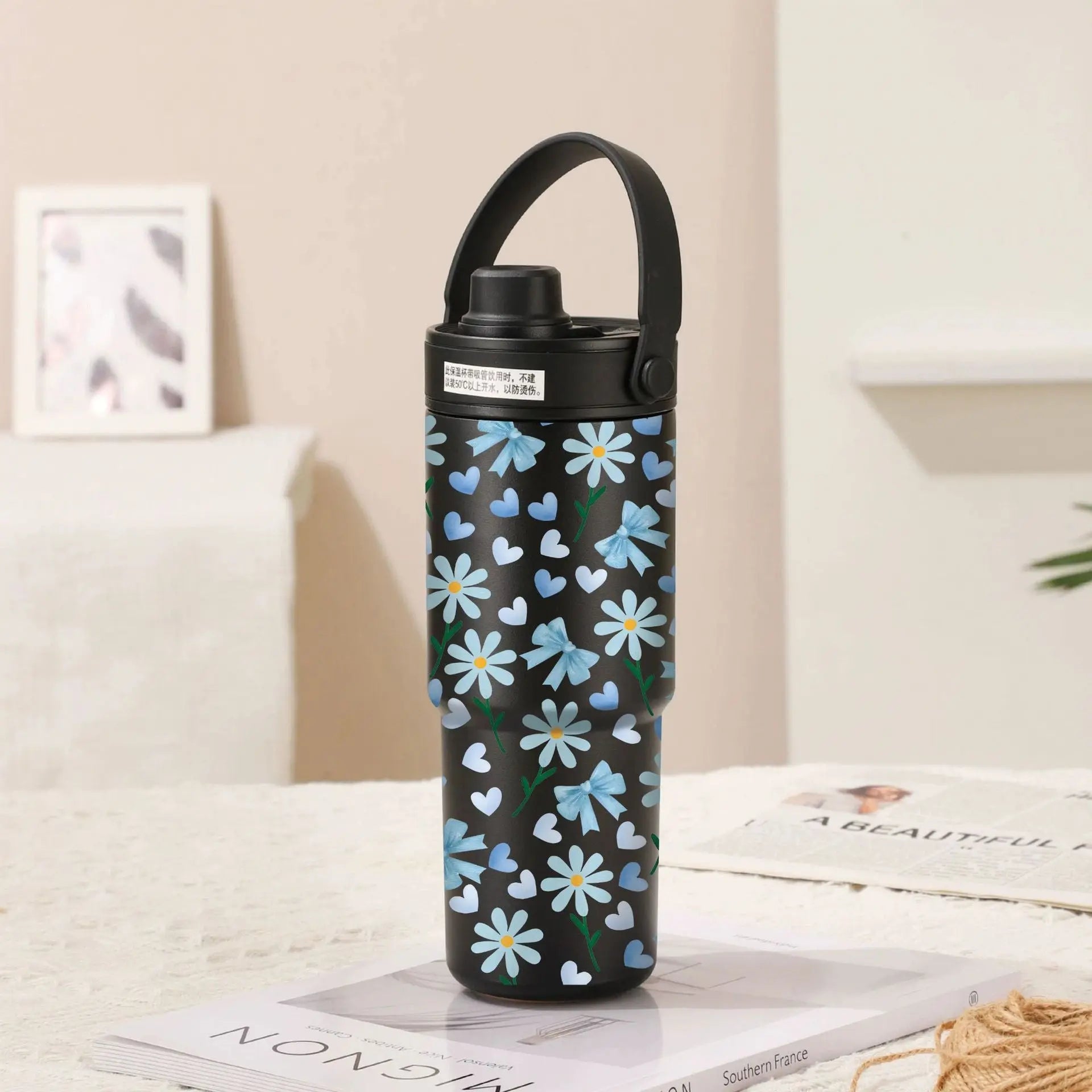 Twilight Black-Bow Tie Blue Flower 30oz Ceramic-Lined Insulated Tumbler with Handle, 735ml Stainless Steel Travel Mug Wholesale Hub