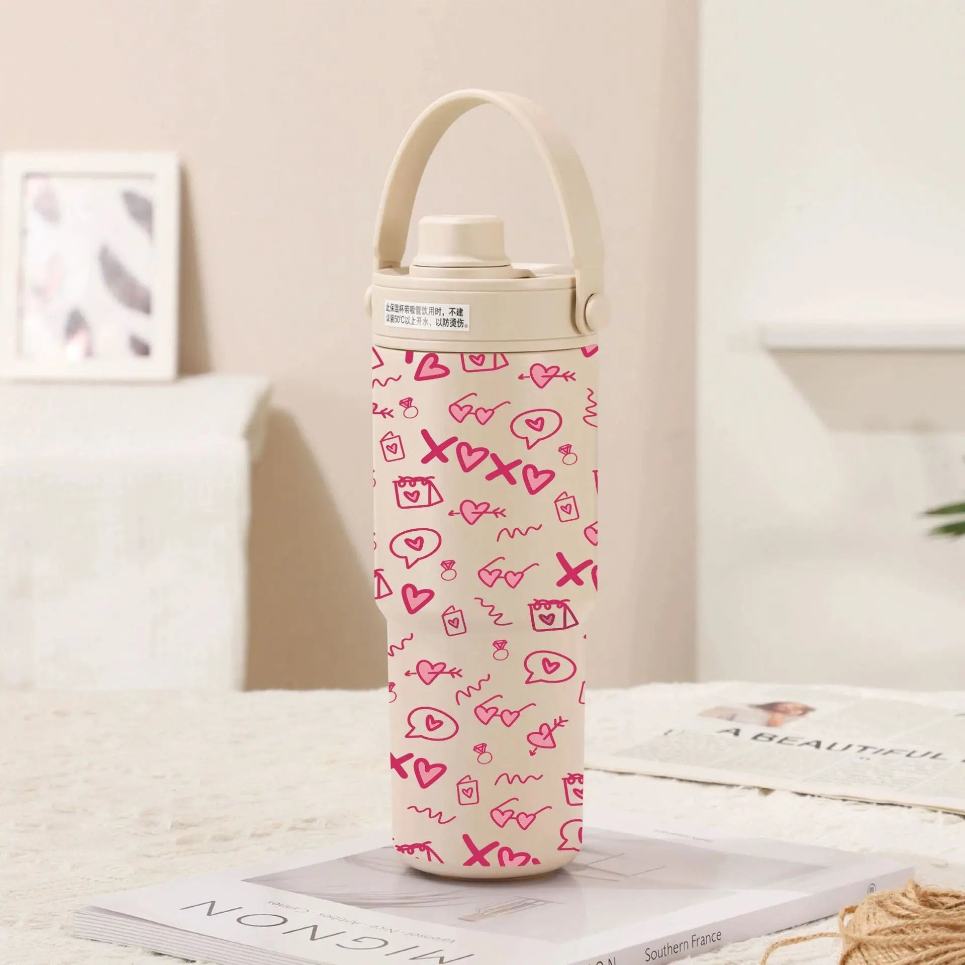 Light Cream Coffee - Pink Love 30oz Ceramic-Lined Insulated Tumbler with Handle, 735ml Stainless Steel Travel Mug Wholesale Hub