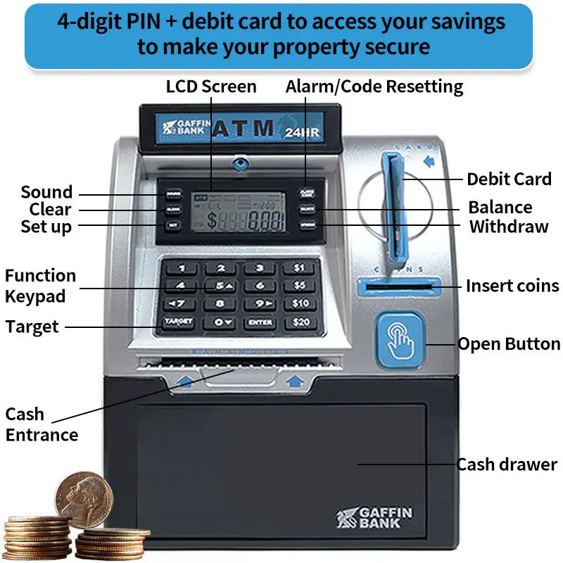 Kids ATM Savings Bank - Electronic Piggy Bank with Debit Card, PIN(Blue) Wholesale Hub