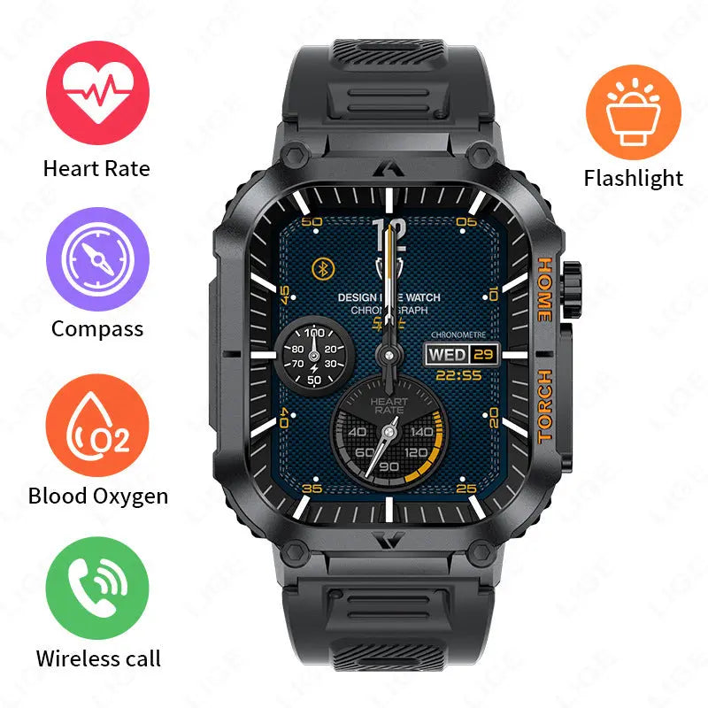 Smartwatch with Flashlight, Compass & Wireless Calling - Health & Fitness Tracker(Black silicone with black case) Wholesale Hub