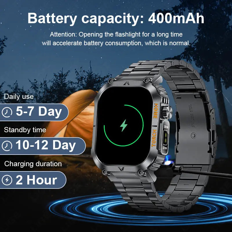 Smartwatch with Flashlight, Compass & Wireless Calling - Health & Fitness Tracker(Black silicone with black case) Wholesale Hub