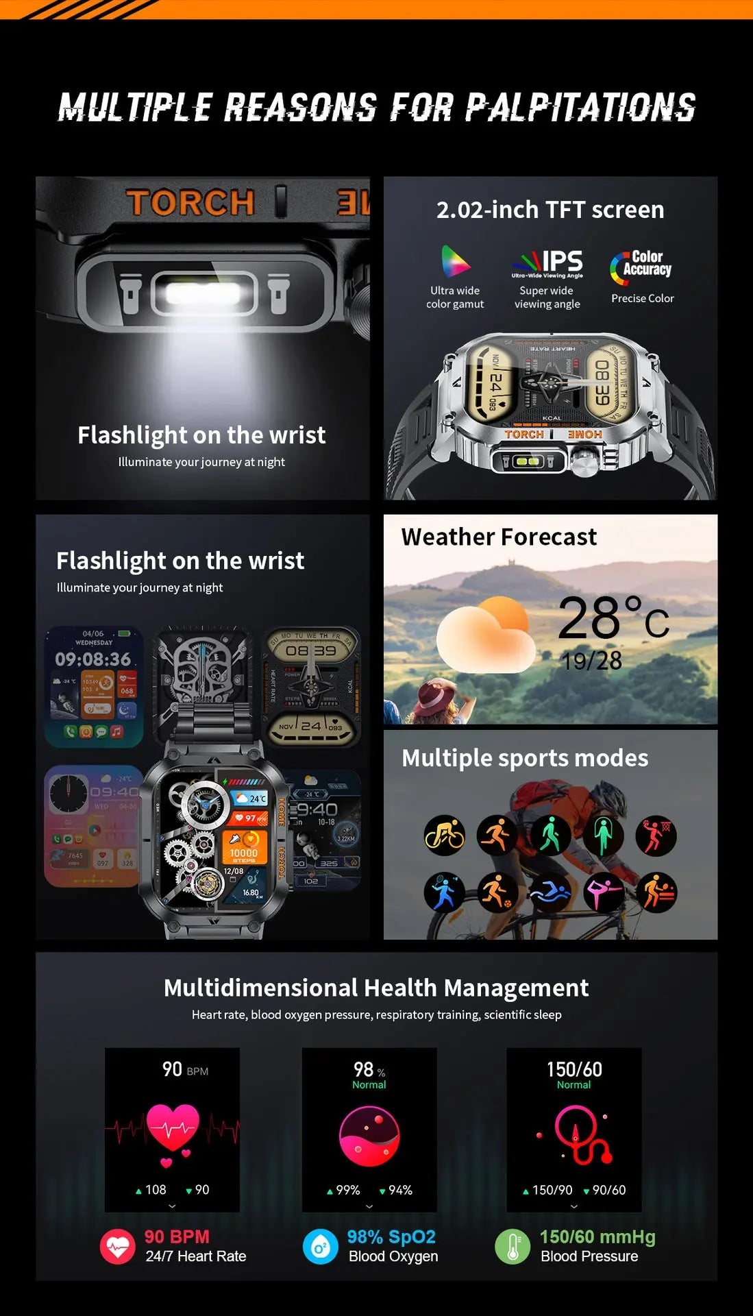 Smartwatch with Flashlight, Compass & Wireless Calling - Health & Fitness Tracker(Black silicone with black case) Wholesale Hub