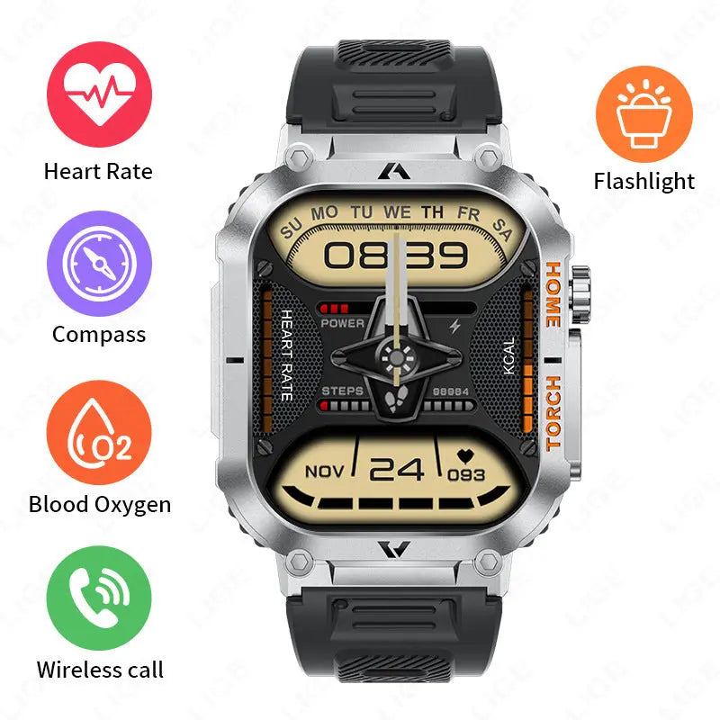 Smartwatch with Flashlight, Compass & Wireless Calling - Health & Fitness Tracker(Black silicone with silver case) Wholesale Hub