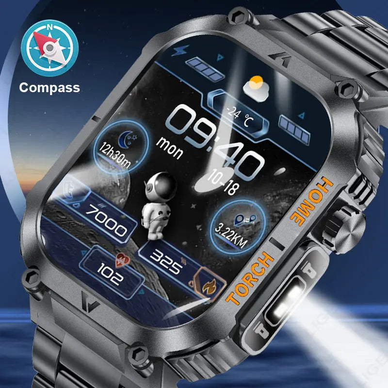 Smartwatch with Flashlight, Compass & Wireless Calling - Health & Fitness Tracker(Black silicone with silver case) Wholesale Hub