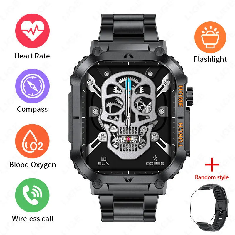 Smartwatch with Flashlight, Compass & Wireless Calling - Health & Fitness Tracker(Black case with black steel + black silicone) Wholesale Hub