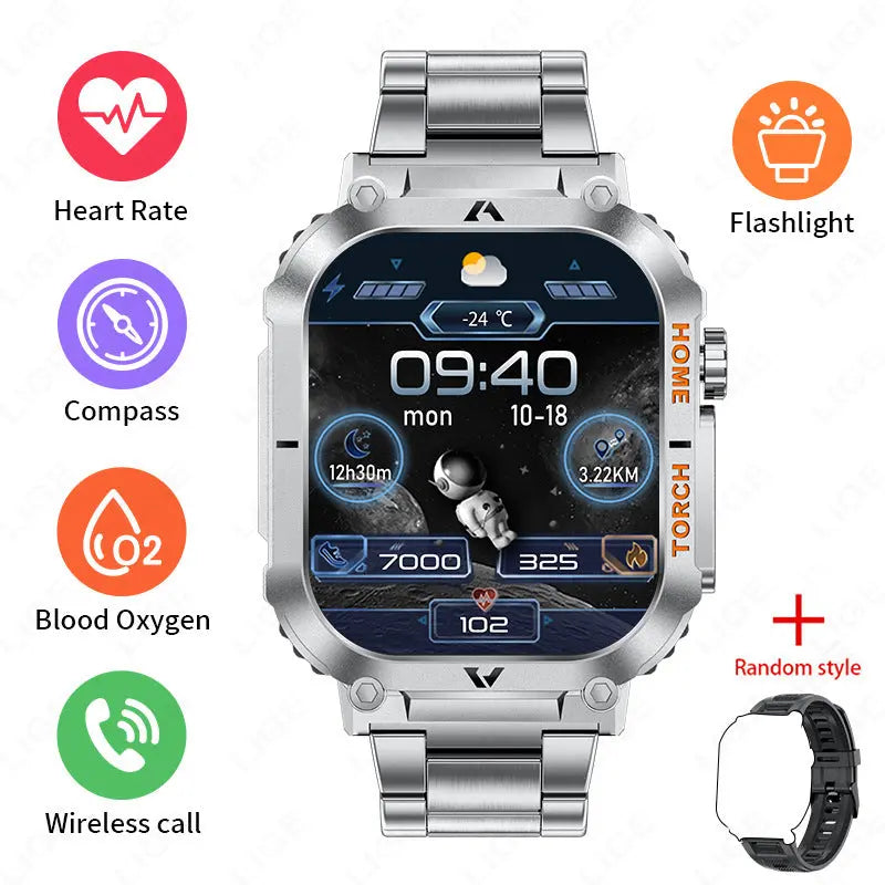 Smartwatch with Flashlight, Compass & Wireless Calling - Health & Fitness Tracker(Silver case with silver steel + black silicone) Wholesale Hub