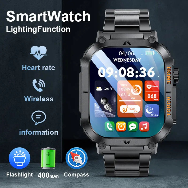 Smartwatch with Flashlight, Compass & Wireless Calling - Health & Fitness Tracker(Silver case with silver steel + black silicone) Wholesale Hub