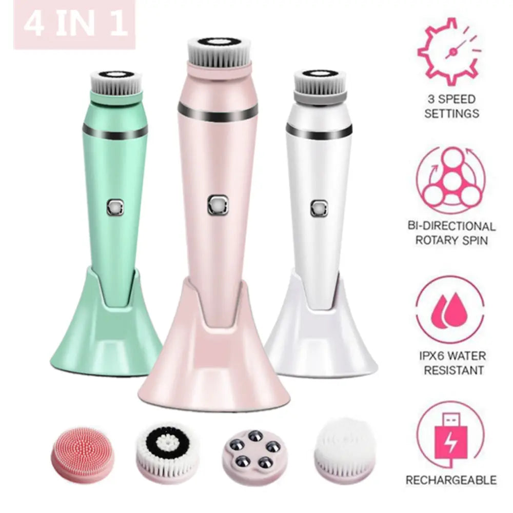4-in-1 Electric Facial Cleansing Brush & Massager - IPX6 Waterproof, 3 Speeds, Bi-Directional Spin, USB Rechargeable(white) Wholesale Hub