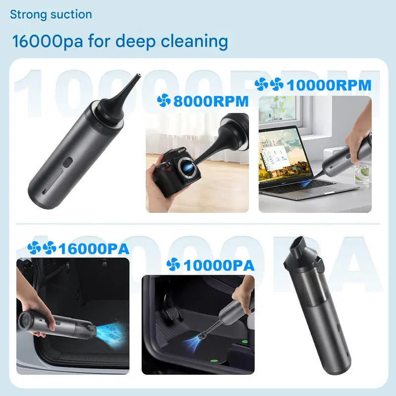 Portable Cordless Handheld Vacuum Cleaner - 16000Pa Suction, 3x2000mAh Battery, Multiple Attachments(black) Wholesale Hub