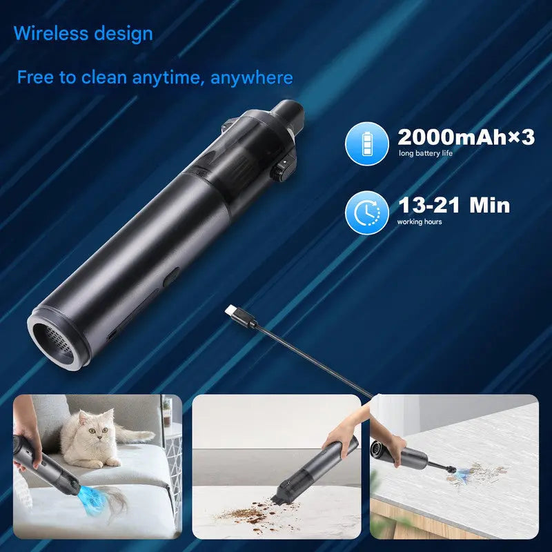Portable Cordless Handheld Vacuum Cleaner - 16000Pa Suction, 3x2000mAh Battery, Multiple Attachments(black) Wholesale Hub