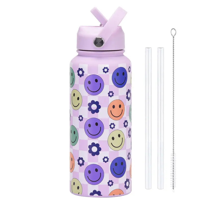 Style 27A Purple Smiley Face Pattern Vibrant Fun Print 1L Stainless Steel Insulated Water Bottle - 32oz Large Capacity with Straw Lid & Carry Handle - BPA-Free Wholesale Hub