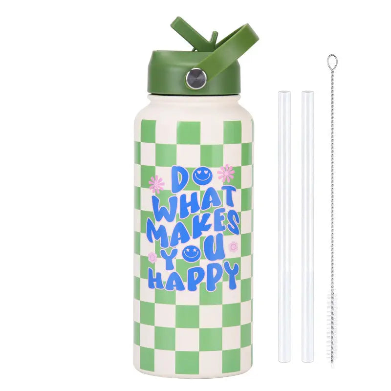 Style 23J Green and White Plaid Vibrant Fun Print 1L Stainless Steel Insulated Water Bottle - 32oz Large Capacity with Straw Lid & Carry Handle - BPA-Free Wholesale Hub