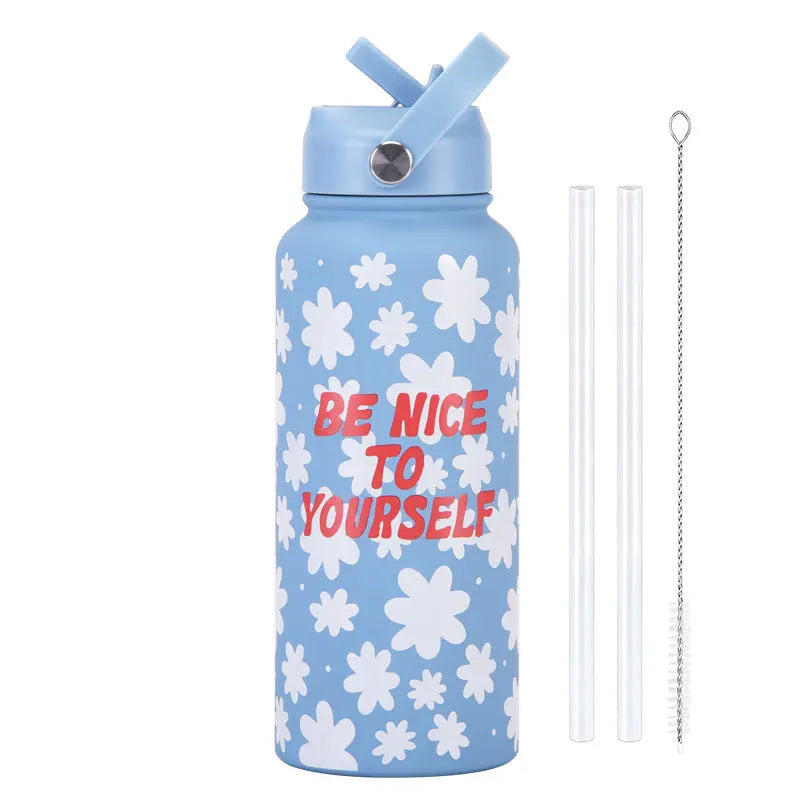 Style 19A Blue and White Plaid Vibrant Fun Print 1L Stainless Steel Insulated Water Bottle - 32oz Large Capacity with Straw Lid & Carry Handle - BPA-Free Wholesale Hub