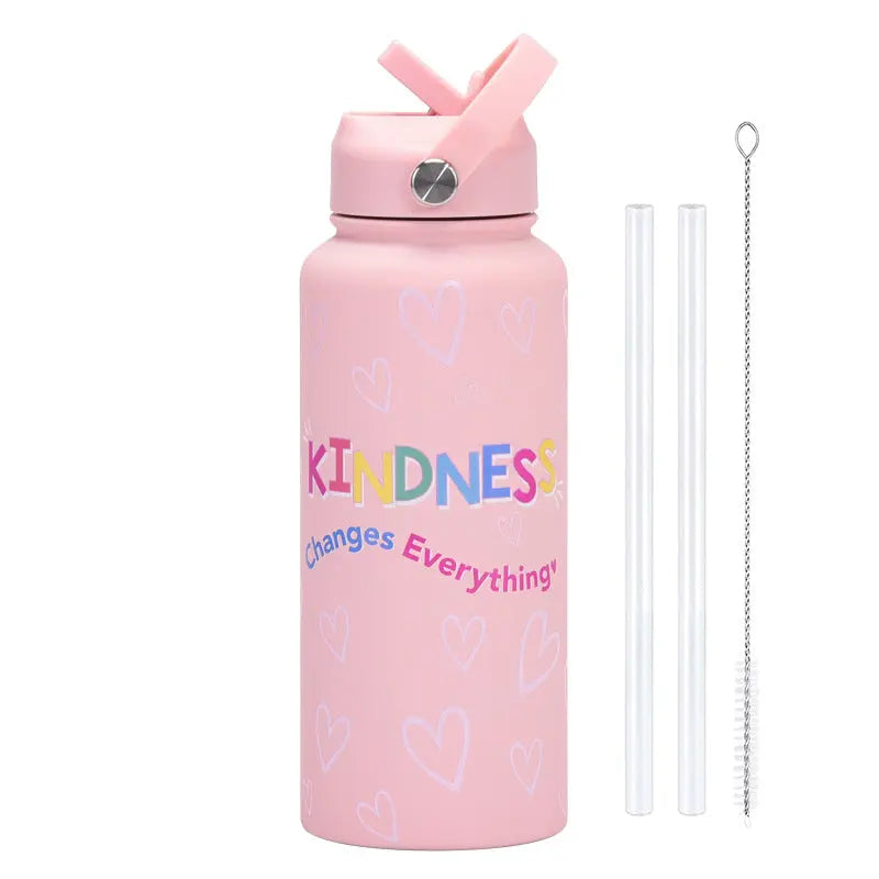 Style 11A Pink Vibrant Fun Print 1L Stainless Steel Insulated Water Bottle - 32oz Large Capacity with Straw Lid & Carry Handle - BPA-Free Wholesale Hub