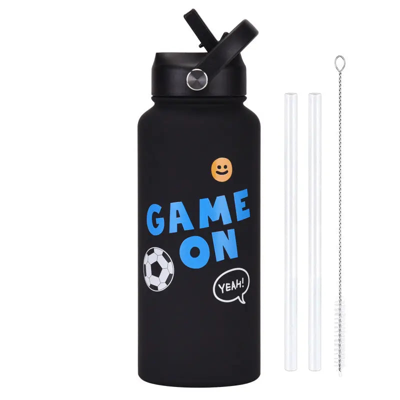 Style 9B Black Vibrant Fun Print 1L Stainless Steel Insulated Water Bottle - 32oz Large Capacity with Straw Lid & Carry Handle - BPA-Free Wholesale Hub