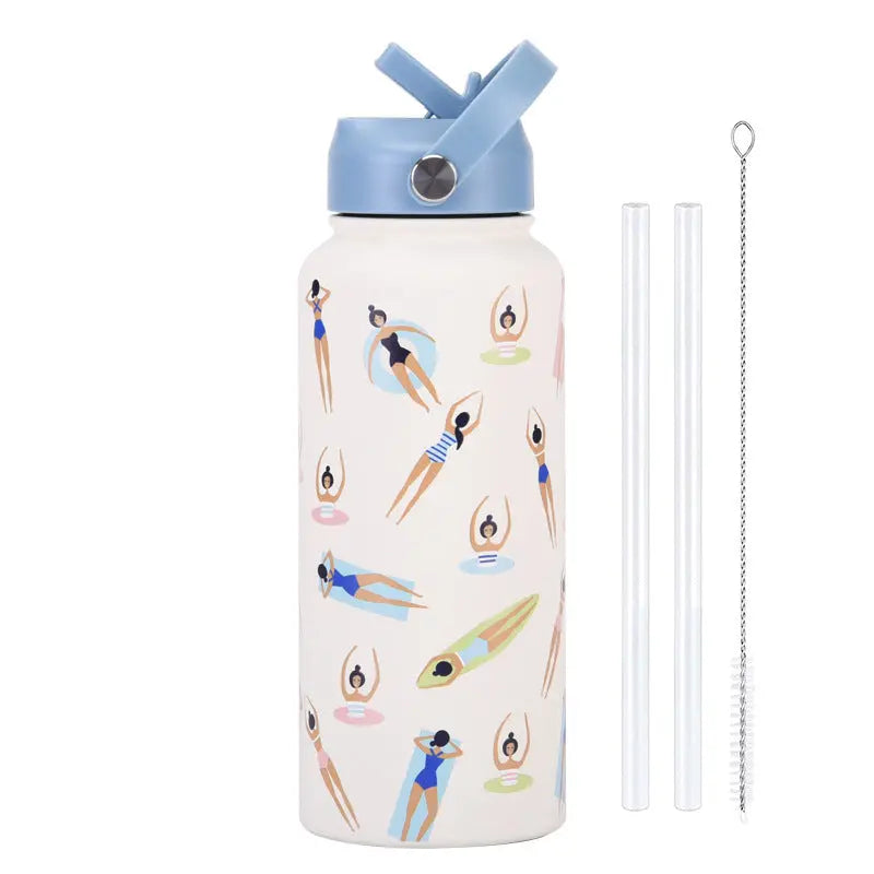 Style 23C White and Blue Vibrant Fun Print 1L Stainless Steel Insulated Water Bottle - 32oz Large Capacity with Straw Lid & Carry Handle - BPA-Free Wholesale Hub