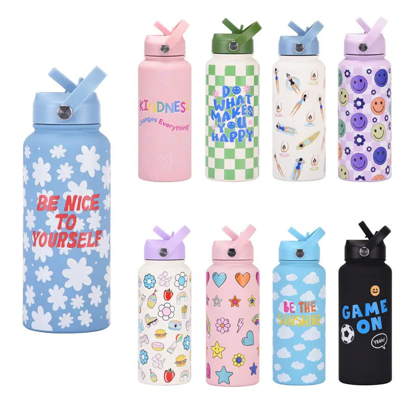 Style 23C White and Blue Vibrant Fun Print 1L Stainless Steel Insulated Water Bottle - 32oz Large Capacity with Straw Lid & Carry Handle - BPA-Free Wholesale Hub