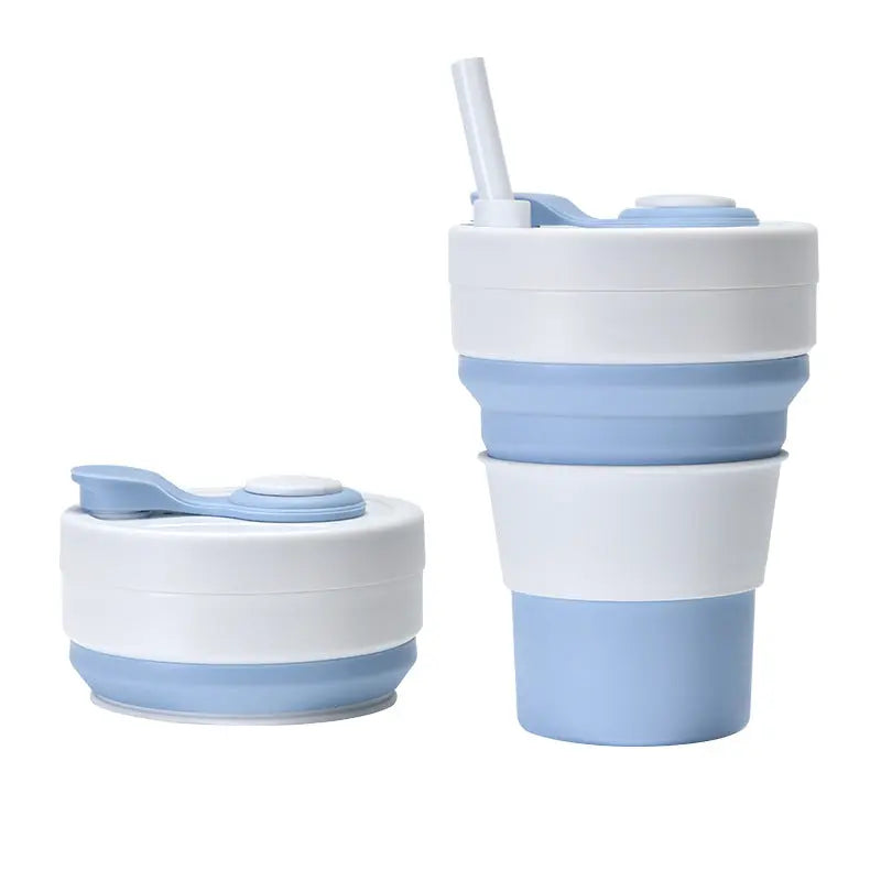 2 Pcs White and Blue 350ml Collapsible Silicone Travel Cup - Portable, Leak-Proof & Food-Grade Drinking Mug with Lid, Insulating Sleeve & Straw Wholesale Hub