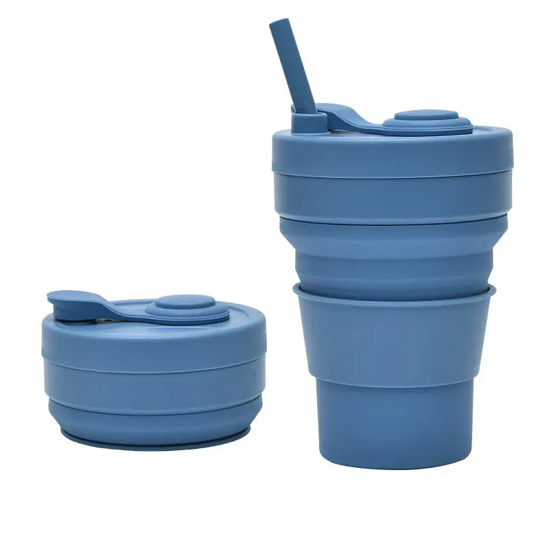 2 Pcs Dark Blue 350ml Collapsible Silicone Travel Cup - Portable, Leak-Proof & Food-Grade Drinking Mug with Lid, Insulating Sleeve & Straw Wholesale Hub