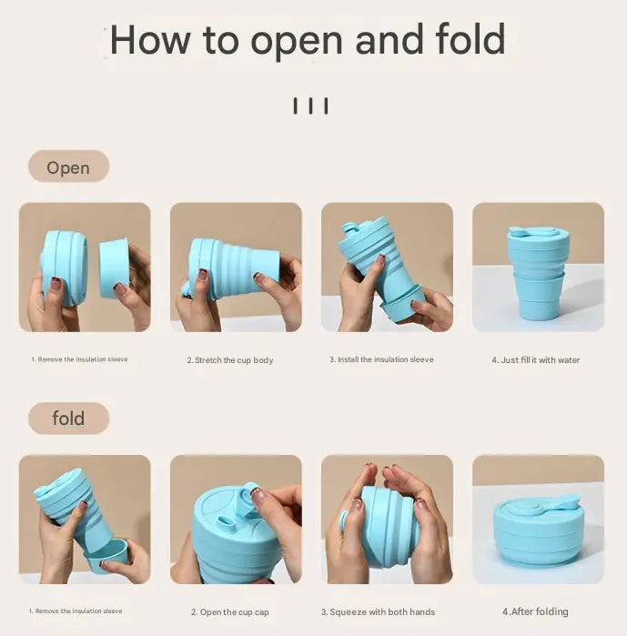 2 Pcs Light Blue 350ml Collapsible Silicone Travel Cup - Portable, Leak-Proof & Food-Grade Drinking Mug with Lid, Insulating Sleeve & Straw Wholesale Hub