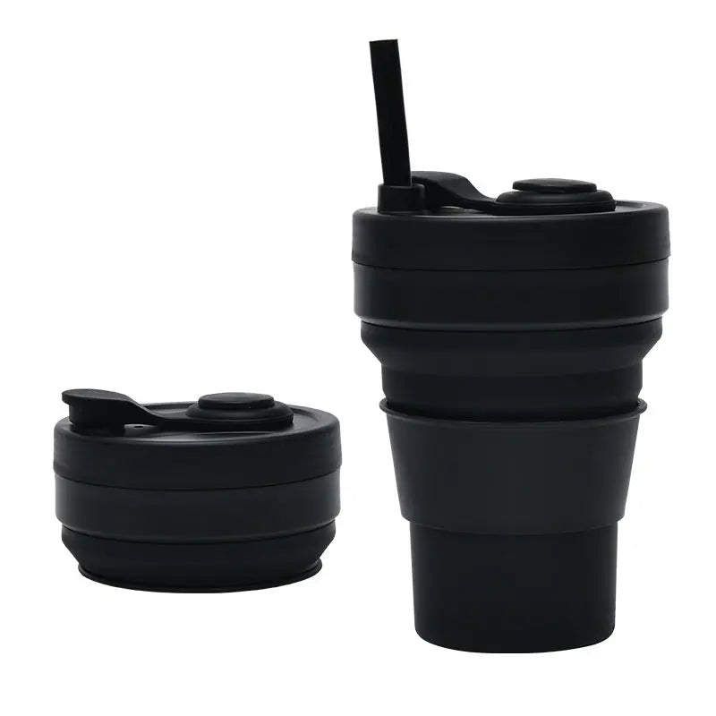 2 Pcs Black 350ml Collapsible Silicone Travel Cup - Portable, Leak-Proof & Food-Grade Drinking Mug with Lid, Insulating Sleeve & Straw Wholesale Hub