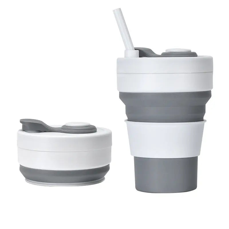 2 Pcs White and Grey 350ml Collapsible Silicone Travel Cup - Portable, Leak-Proof & Food-Grade Drinking Mug with Lid, Insulating Sleeve & Straw Wholesale Hub