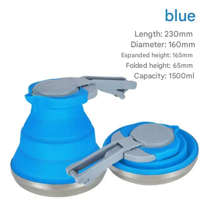Blue 1.5L Collapsible Silicone Camping Kettle - Portable Foldable Travel Water Boiler, Stainless Steel Base Wholesale Hub