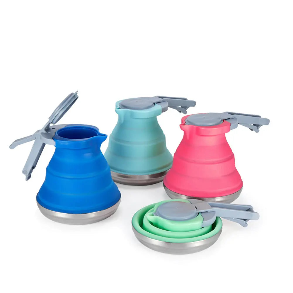 Blue 1.5L Collapsible Silicone Camping Kettle - Portable Foldable Travel Water Boiler, Stainless Steel Base Wholesale Hub