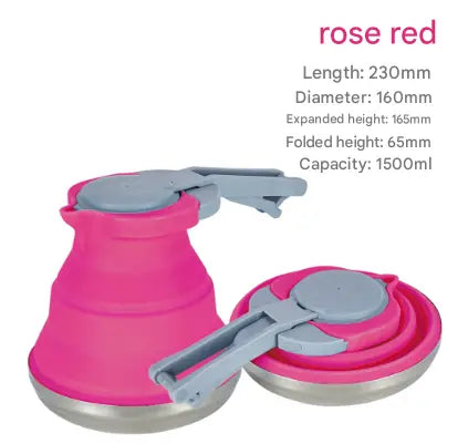 Rose Red 1.5L Collapsible Silicone Camping Kettle - Portable Foldable Travel Water Boiler, Stainless Steel Base Wholesale Hub