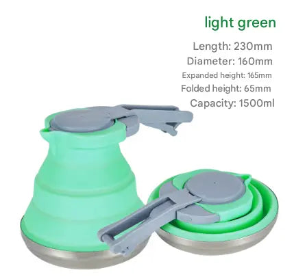 Light Green 1.5L Collapsible Silicone Camping Kettle - Portable Foldable Travel Water Boiler, Stainless Steel Base Wholesale Hub