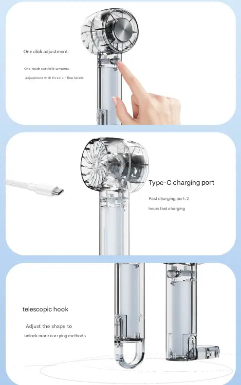 Transparent White Portable Mini Cooling Fan with Semiconductor Ice Compress - USB-C Rechargeable, 3-Speed Turbine & Transparent Design Wholesale Hub